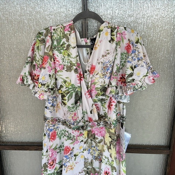 Mac Duggal FLORAL PRINT FAUX WRAP FLUTTER SLEEVE A LINE GOWN size 12 $498 - Picture 7 of 13